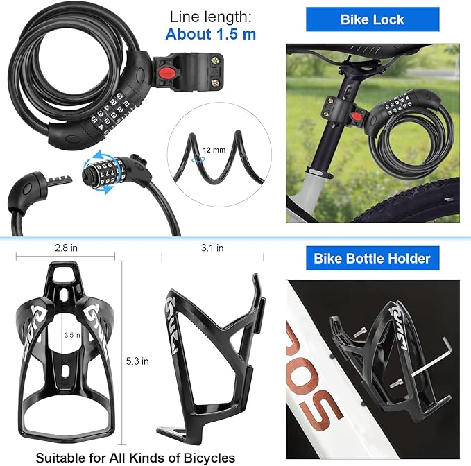 8 Pack Bicycle Accessories, Bike Light Set USB Rechargeable, 1 Bike Water Bottle Holder, Bicycle Bag and 1 Bike Aluminum Bicycle Bell,Pump - Image 2