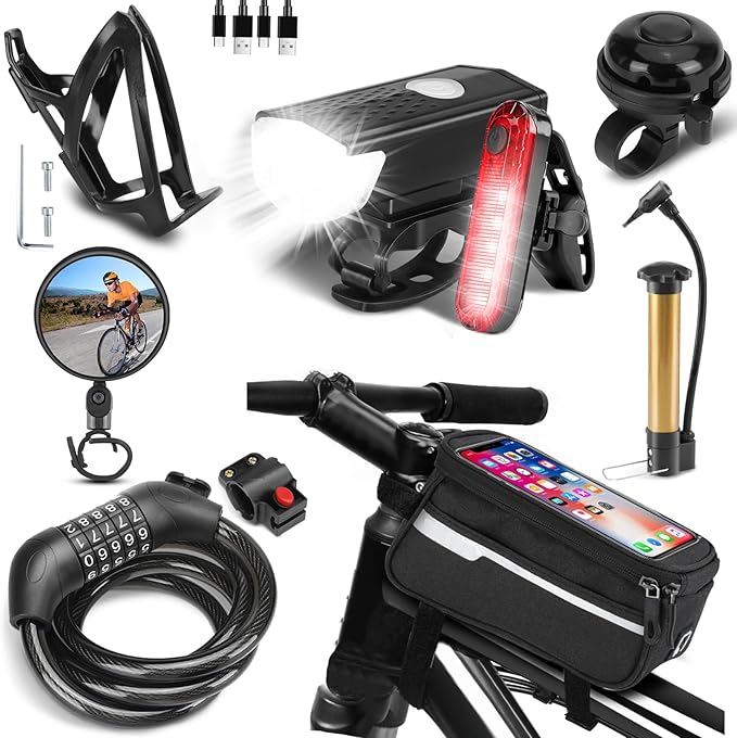 8 Pack Bicycle Accessories, Bike Light Set USB Rechargeable, 1 Bike Water Bottle Holder, Bicycle Bag and 1 Bike Aluminum Bicycle Bell,Pump - Image 5