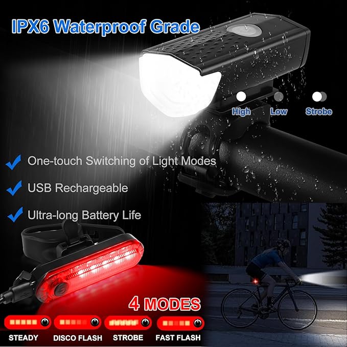 8 Pack Bicycle Accessories, Bike Light Set USB Rechargeable, 1 Bike Water Bottle Holder, Bicycle Bag and 1 Bike Aluminum Bicycle Bell,Pump - Image 4